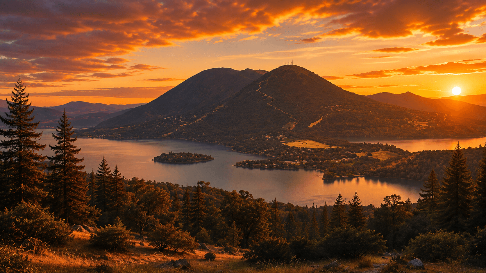Mount Konocti rising above Clear Lake at sunset